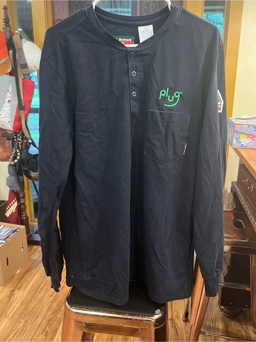 Plug Bulwark Fire Resistant Long Sleeve Shirt in Black with Green Logo